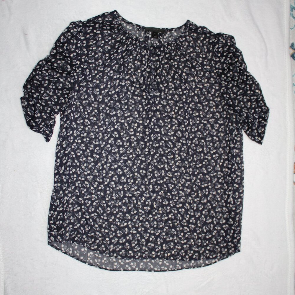 J. Crew Sheer Floral Blue & Gold Blouse Ruched Sleeves Short Sleeve Size Small - Picture 1 of 5